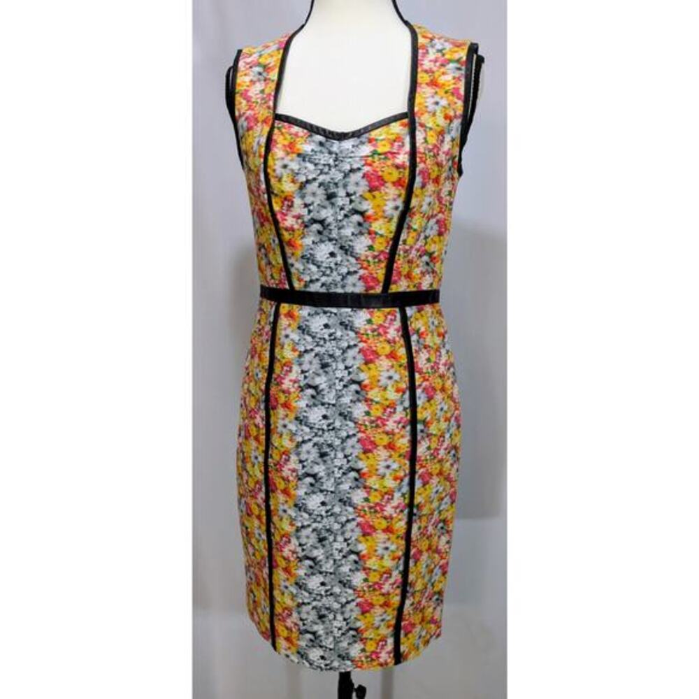Yigal Azrouel Lambskin Trim Multicolor‎ Floral Bodycon Dress Womens Size 4 USA